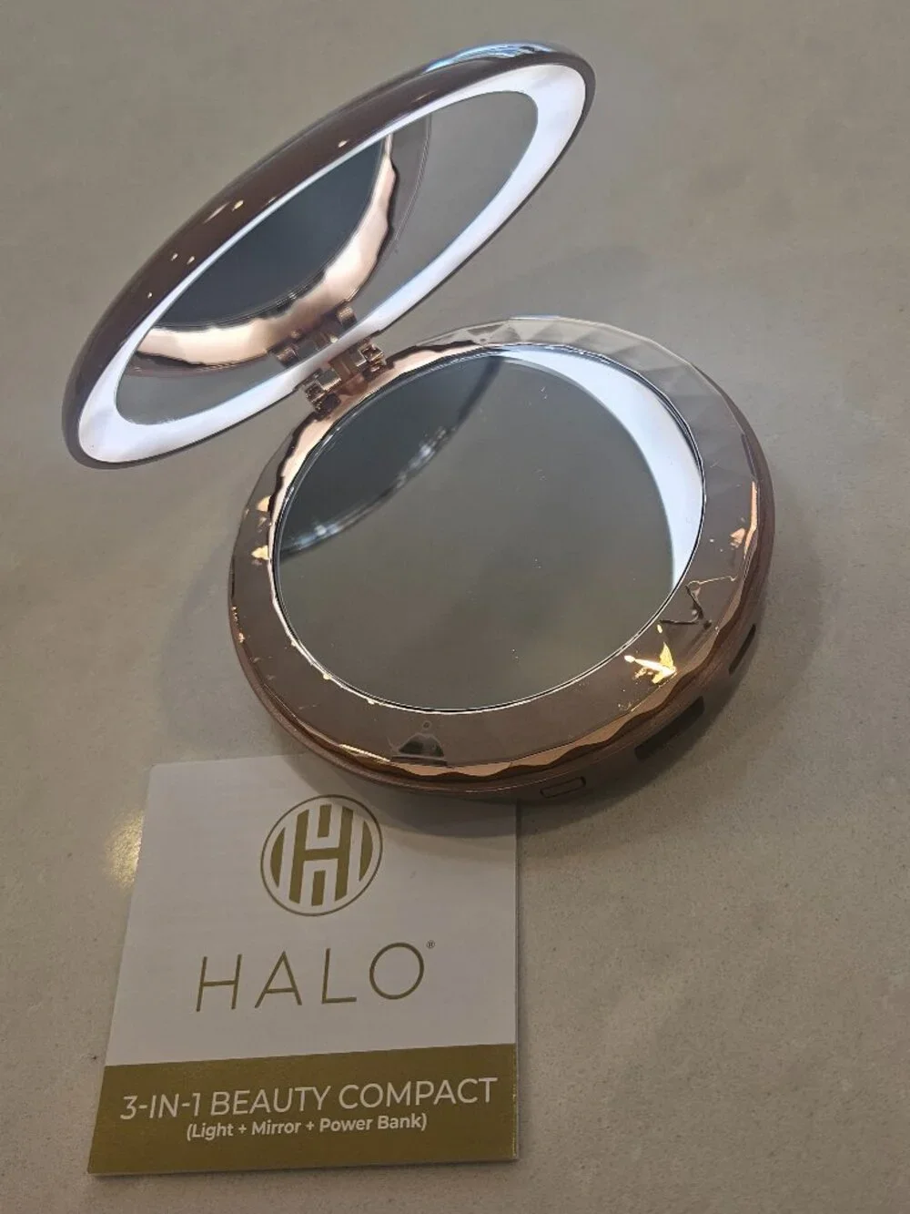 HALO Power Bank 3-in-1 Light Mirror Power Bank Compact w/ Charging Cable - Taupe